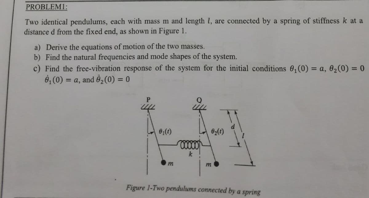 PROBLEM1:
Two identical pendulums, each with mass m and length 1, are connected by a spring of stiffness k at a
distance d from the fixed end, as shown in Figure 1.
a) Derive the equations of motion of the two masses.
b) Find the natural frequencies and mode shapes of the system.
c) Find the free-vibration response of the system for the initial conditions 8₁ (0) = a, 0₂ (0) = 0
8₁ (0) = a, and 8₂ (0) = 0
P
0₁ (1)
m
00000
k
0₂(1)
m
Figure 1-Two pendulums connected by a spring