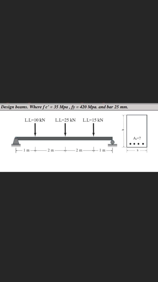 Design beams. Where fc' = 35 Mpa, fy = 420 Mpa. and bar 25 mm.
L.L=10 KN
Fim
2 m
L.L=25 KN L.L=15 kN
2 m
-1m-
A.-?
....