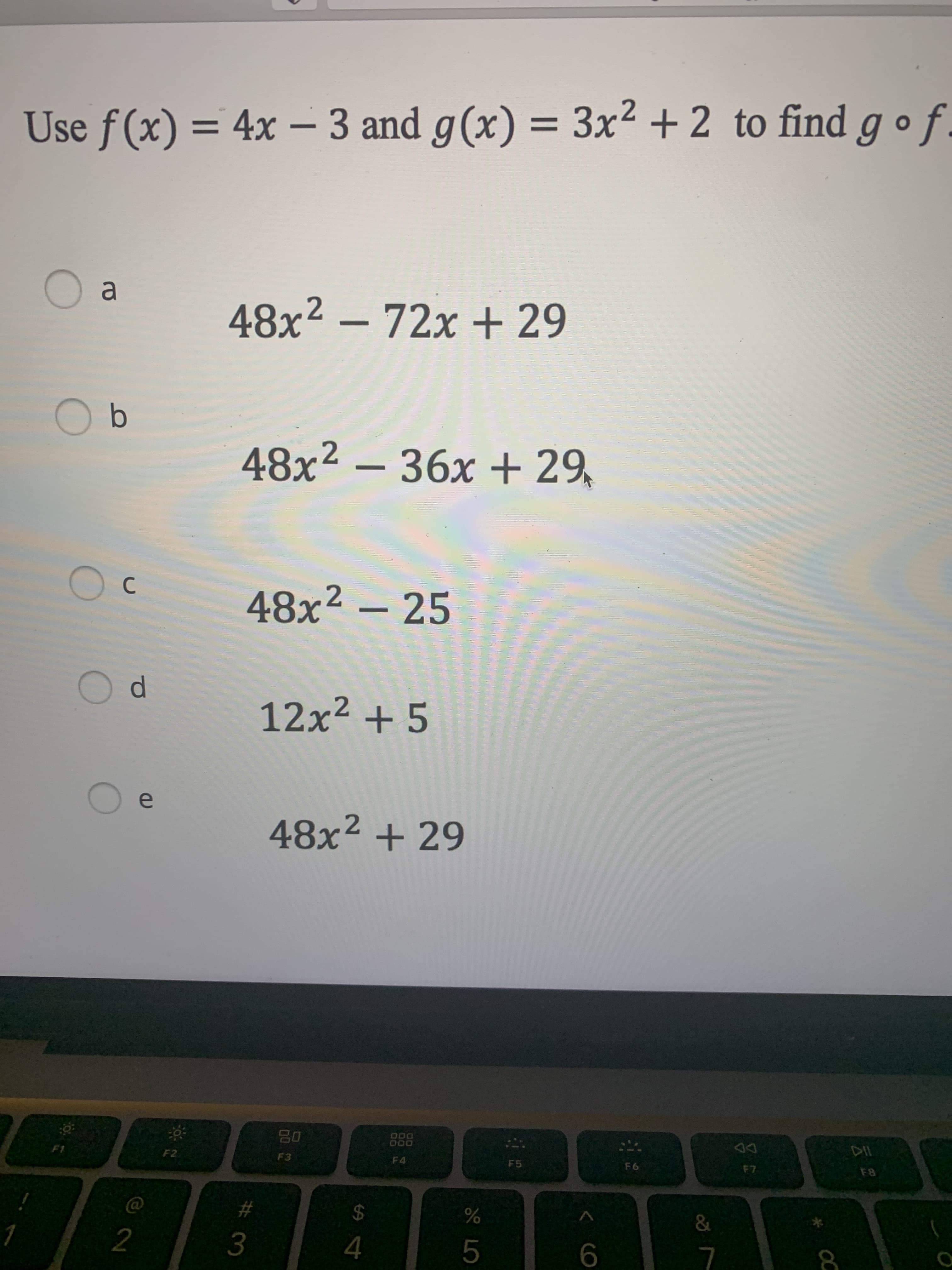 Use f(x) = 4x – 3 and g(x) = 3x2 + 2 to find gof
%3D
%3D
