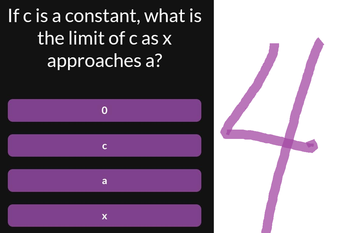 If c is a constant, what is
the limit of c as x
approaches a?
0
C
a
X