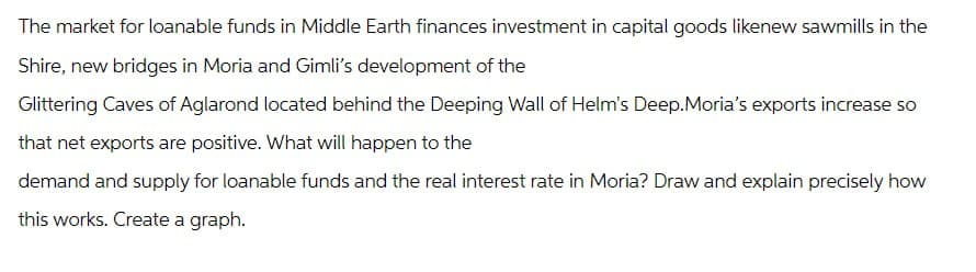 The market for loanable funds in Middle Earth finances investment in capital goods likenew sawmills in the
Shire, new bridges in Moria and Gimli's development of the
Glittering Caves of Aglarond located behind the Deeping Wall of Helm's Deep.Moria's exports increase so
that net exports are positive. What will happen to the
demand and supply for loanable funds and the real interest rate in Moria? Draw and explain precisely how
this works. Create a graph.