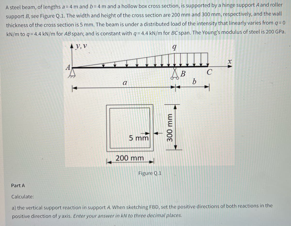 A steel beam, of lengths a=4 m and b=4 m and a hollow box cross section, is supported by a hinge support A and roller
support B, see Figure Q.1. The width and height of the cross section are 200 mm and 300 mm, respectively, and the wall
thickness of the cross section is 5 mm. The beam is under a distributed load of the intensity that linearly varies from q=0
kN/m to q=4.4 kN/m for AB span; and is constant with q= 4.4 kN/m for BC span. The Young's modulus of steel is 200 GPa.
Ay, v
9
Part A
a
5 mm
200 mm
Figure Q.1
300 mm
B
b
C
X
Calculate:
a) the vertical support reaction in support A. When sketching FBD, set the positive directions of both reactions in the
positive direction of yaxis. Enter your answer in kN to three decimal places.