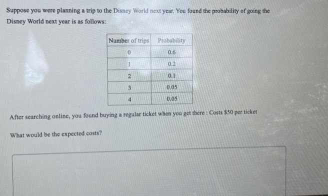 Suppose you were planning a trip to the Disney World next year. You found the probability of going the
Disney World next year is as follows:
Number of trips
0
Probability
0.6
0.2
0.1
0.05
0.05
After searching online, you found buying a regular ticket when you get there: Costs $50 per ticket
What would be the expected costs?
1
2
3
4