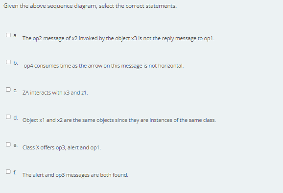Given the above sequence diagram, select the correct statements.
a. The op2 message of x2 invoked by the object x3 is not the reply message to op1.
op4 consumes time as the arrow on this message is not horizontal.
OC ZA interacts with x3 and 21.
Od. Object x1 and x2 are the same objects since they are instances of the same class.
☐e. Class X offers op3, alert and op1.
O f.
The alert and op3 messages are both found.