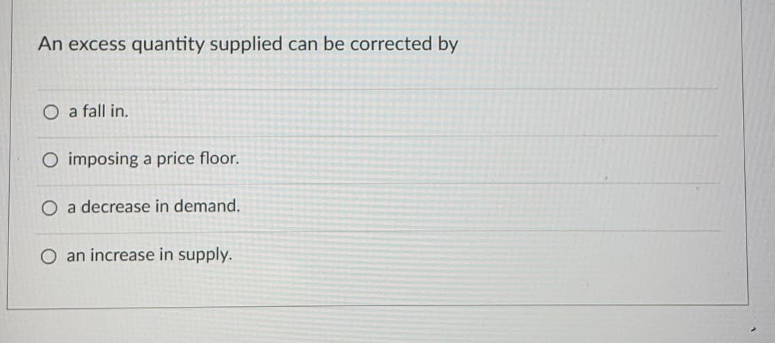 An excess quantity supplied can be corrected by
a fall in.
O imposing a price floor.
O a decrease in demand.
an increase in supply.
