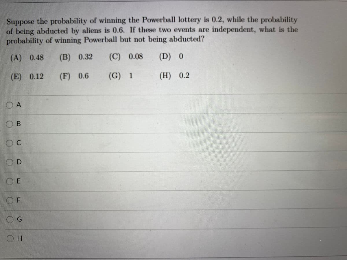 Suppose the probability of winning the Powerball lottery is 0.2, while the probability
of being abducted by aliens is 0.6. If these two events are independent, what is the
probability of winning Powerball but not being abducted?
(A) 0.48
(B) 0.32
(C) 0.08
(D) 0
(E) 0.12
(F) 0.6
(G) 1
(Н) 0.2
OB
OD
E
H.
