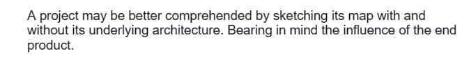 A project may be better comprehended by sketching its map with and
without its underlying architecture. Bearing in mind the influence of the end
product.