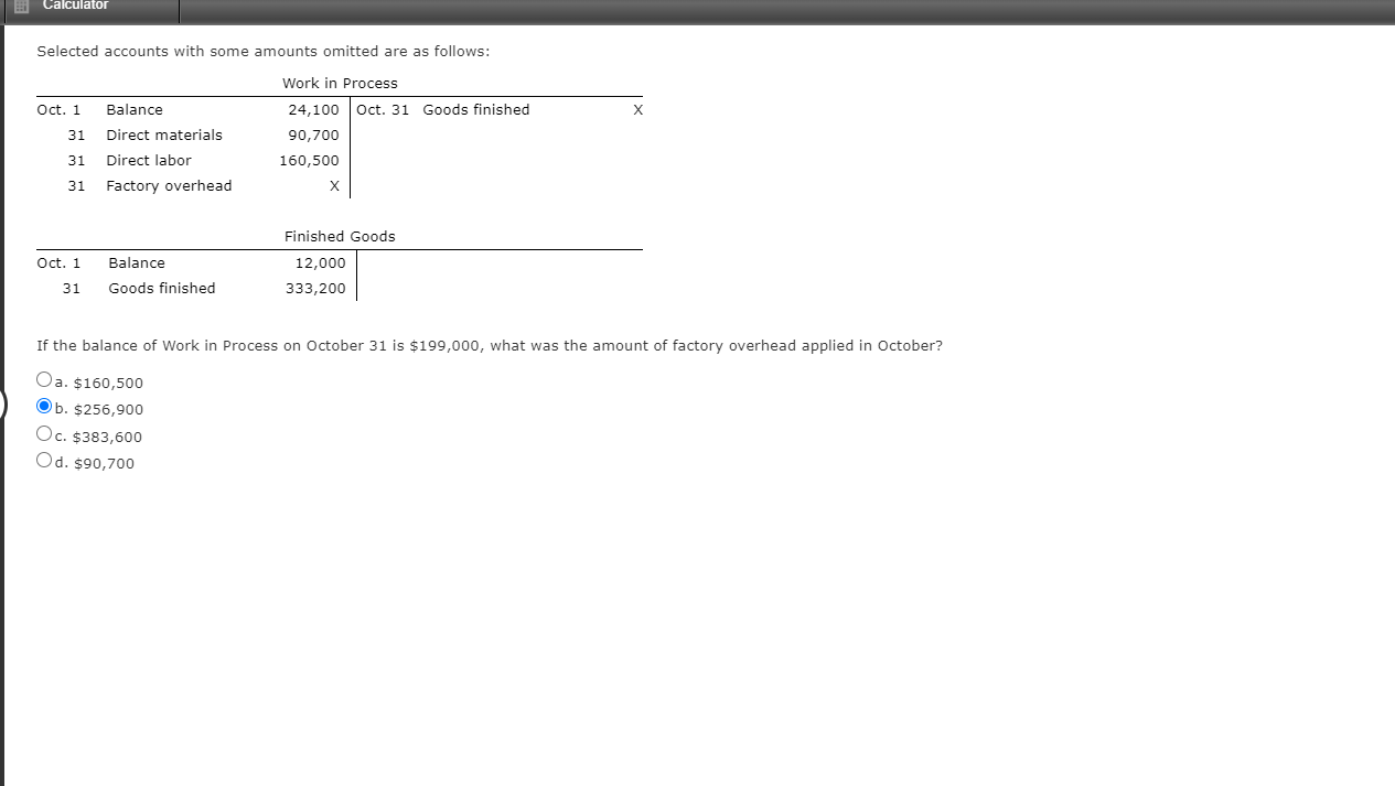 Selected accounts with some amounts omitted are as follows:
Work in Process
Oct. 1
Balance
24,100 Oct. 31 Goods finished
31 Direct materials
90,700
31
Direct labor
160,500
31
Factory overhead
Finished Goods
Oct. 1
Balance
12,000
31
Goods finished
333,200
If the balance of Work in Process on October 31 is $199,000, what was the amount of factory overhead applied in October?
Oa. $160,500
b. $256,900
Oc. $383,600
Od. $90,700
