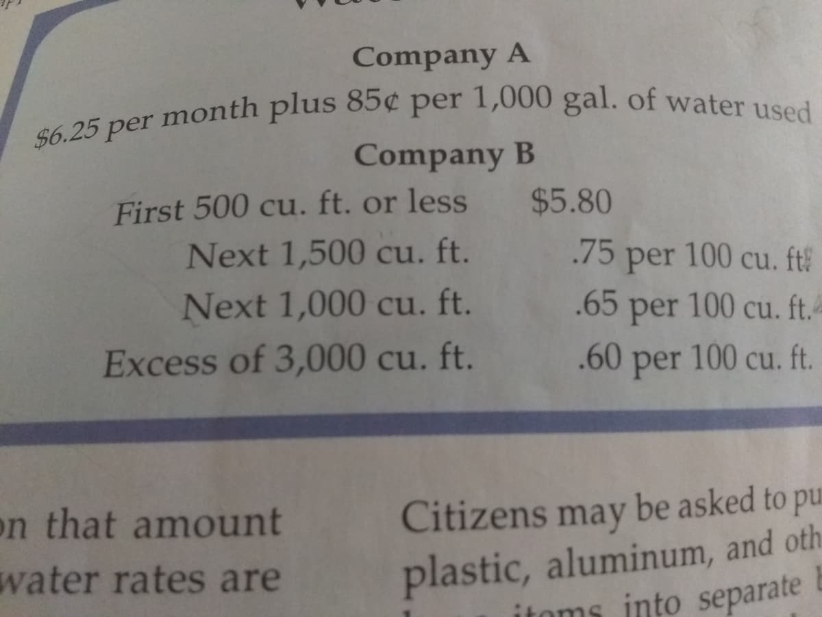 $6.25 per month plus 85¢ per 1,000 gal. of water used
Company A
$6.25 per
Company B
First 500 cu. ft. or less
$5.80
Next 1,500 cu. ft.
.75
per 100 cu. ft
Next 1,000 cu. ft.
.65
per
100 cu. ft.
Excess of 3,000 cu. ft.
.60
per
100 cu. ft.
on that amount
Citizens may be asked to pu
plastic, aluminum, and oth
itoms into separate
water rates are
