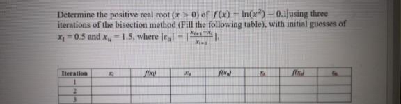 Determine the positive real root (x> 0) of f(x) In(x)-0.1jusing three
iterations of the bisection method (Fill the following table), with initial guesses of
X = 0.5 and x = 1.5, where Je,
Iteration
