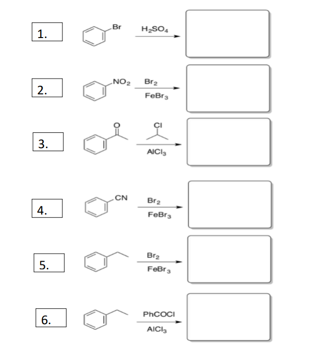 1.
2.
3.
4.
5.
6.
Br
NO₂
CN
H₂SO4
Br₂
FeBr 3
AICI 3
Br₂
FeBr3
Br₂
FeBr 3
PhCOCI
AICI3