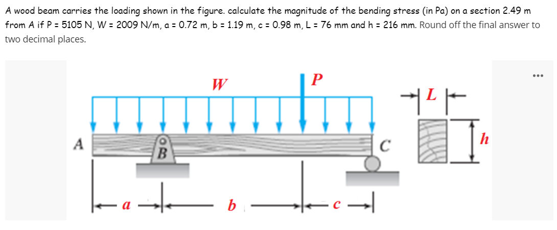 A wood beam carries the loading shown in the figure. calculate the magnitude of the bending stress (in Pa) on a section 2.49 m
from A if P = 5105 N, W = 2009 N/m, a = 0.72 m, b = 1.19 m, c = 0.98 m, L = 76 mm and h = 216 mm. Round off the final answer to
two decimal places.
W
커다
completion
A
C
B
b
➜
h