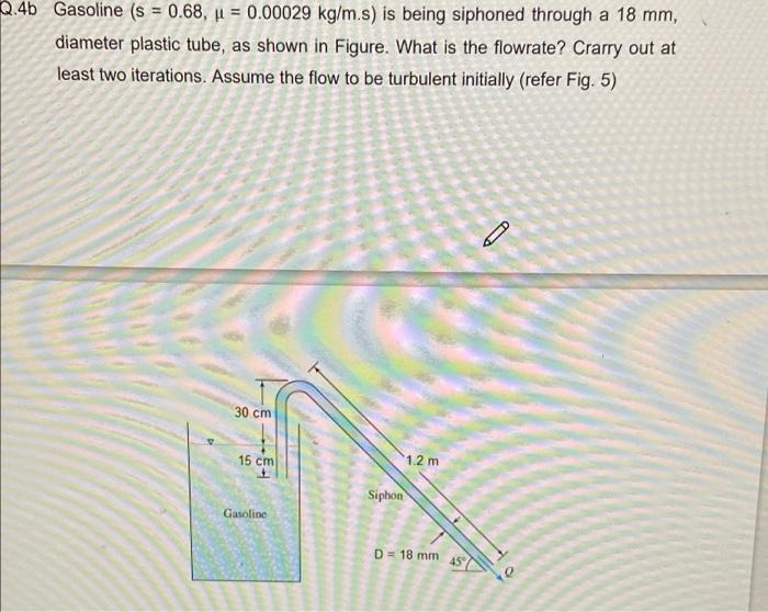 Q.4b Gasoline (s = 0.68, μ = 0.00029 kg/m.s) is being siphoned through a 18 mm,
diameter plastic tube, as shown in Figure. What is the flowrate? Crarry out at
least two iterations. Assume the flow to be turbulent initially (refer Fig. 5)
30 cm
1.2 m
-64
15 cm
Gasoline
Siphon
D=18 mm 45