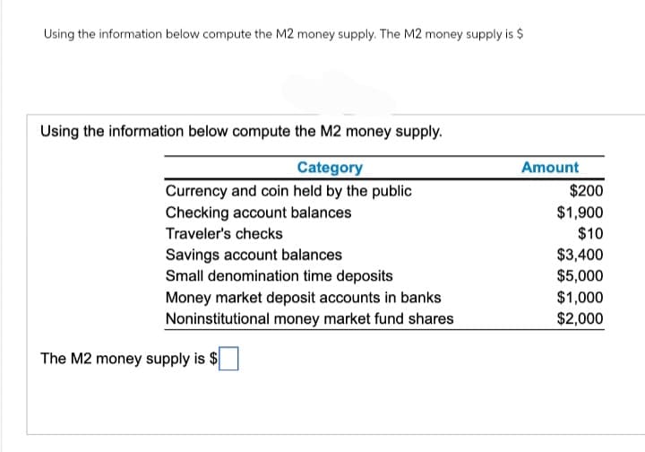 Using the information below compute the M2 money supply. The M2 money supply is $
Using the information below compute the M2 money supply.
Category
Currency and coin held by the public
Checking account balances
Traveler's checks
Savings account balances
Small denomination time deposits
Money market deposit accounts in banks
Noninstitutional money market fund shares
The M2 money supply is $
Amount
$200
$1,900
$10
$3,400
$5,000
$1,000
$2,000