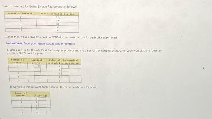 Production data for Bob's Bicycle Factory are as follows:
Wunber of Morkers
Bikes asseabled per day
12
22
30
36
40
Other than wages, Bob has costs of $100 (for parts and so on) for each bike assembled.
Instructions: Enter your responses as whole numbers.
a. Bikes sell for $130 each. Find the marginal product and the value of the marginal product for each worker. Don't forget to
consider Bob's cost for parts.
Number of
Marginal
Value of the sarginal
workers
product
12
produet fer each worker
b. Complete the following table showing Bob's demand curve for labor.
Hunber of
workers
Daily wage
