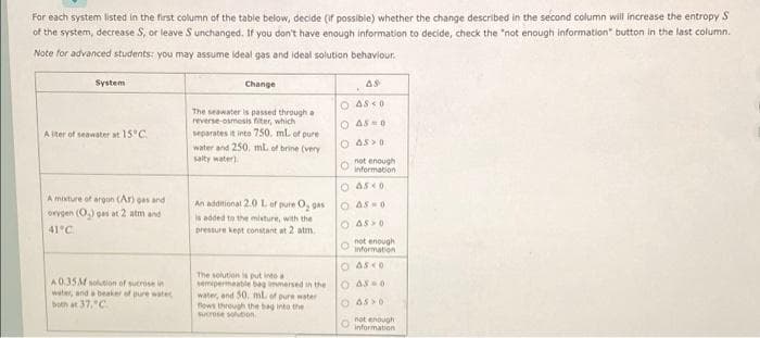 For each system listed in the first column of the table below, decide (if possible) whether the change described in the second column will increase the entropy S
of the system, decrease S, or leave S unchanged. If you don't have enough information to decide, check the "not enough information" button in the last column.
Note for advanced students: you may assume ideal gas and ideal solution behaviour.
System
Change
O AS <0
The seawater is passed through a
reverse-osmesis fiter, which
separates it into 750, ml of pure
O AS0
A iter of seawater at 15 C
water and 250, ml. of brine (very
O As>0
salty water)
not enough
Owtormation
O A5<0
A misture of argon (Ar) gas and
An additional 2.0 Lof pure O, gas
O As0
orygen (0,) gas at 2 atm and
is added to the mixture, with the
O ASSO
41 C
presture kept constant at 2 atm
not enough
information
O AS<o
A035M solution of sucrose in
water, and a beaker of pure water
both at 37, C
The solution is put into a
semipermeable bag immersed in the
water, and 30., ml. of pure water
fows threugh the bag into the
sucrose souton
O As0
O AS0
not enough
information
