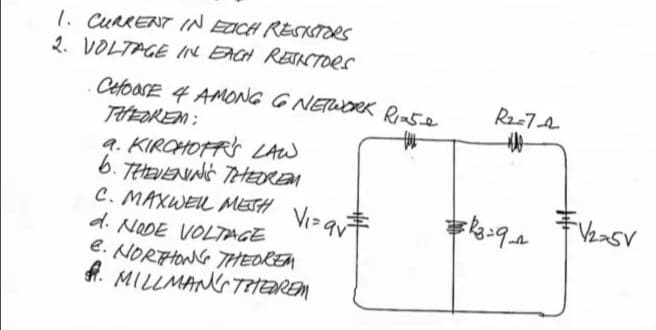 1. CURRENT IN EICH RESKTORS
2. VOLTAGE IN EACH RETACTORS
CefoaSE 4 AMONG G NETWORK RIm5e
THEOREM:
a. KIRCHOFRS LAW
6. THEVENING THEDREM
C. MAXWEL METH Vi-q
d. NaDE VOLTAGE
e. NORFHON THEDREM
A. MILLMANGT?HEREM
