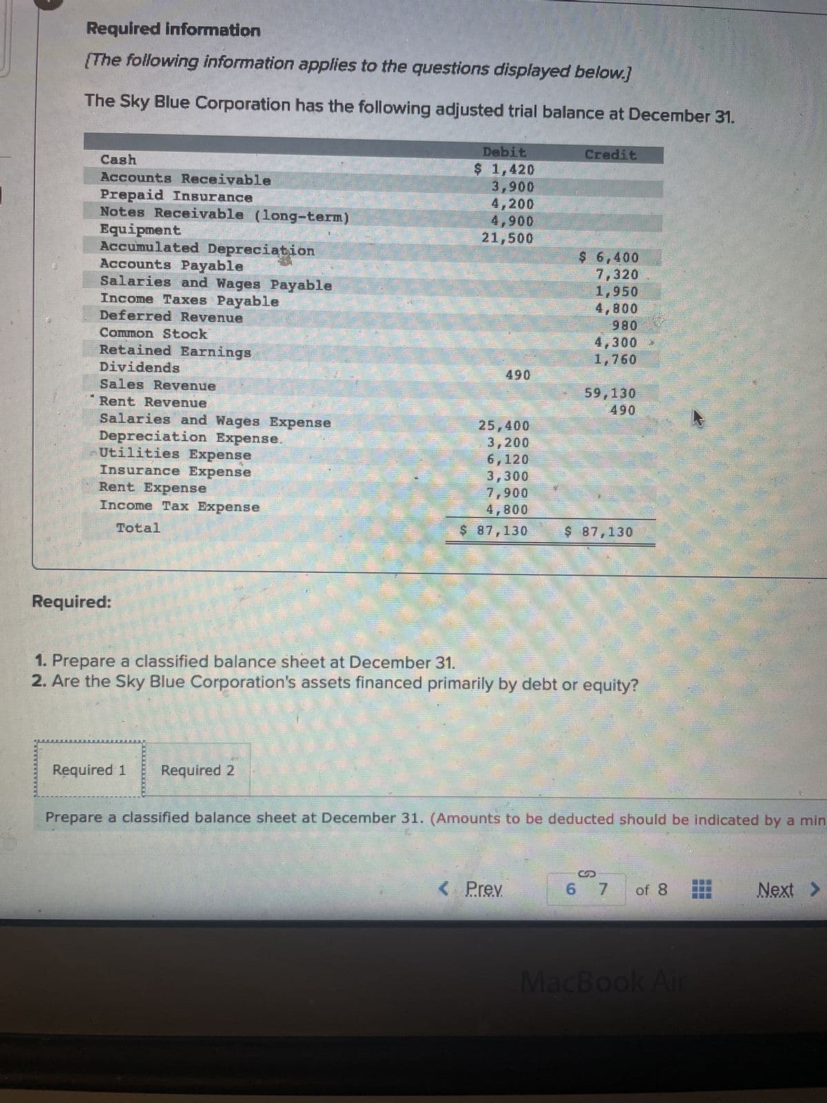 Required information
[The following information applies to the questions displayed below.]
The Sky Blue Corporation has the following adjusted trial balance at December 31.
K
Cash
Accounts Receivable
Prepaid Insurance
Notes Receivable (long-term)
Equipment
Accumulated Depreciation
Accounts Payable
Salaries and Wages Payable
Income Taxes Payable
Deferred Revenue
Common Stock
Retained Earnings
Dividends
Sales Revenue
Rent Revenue
Salaries and Wages Expense
Depreciation Expense.
Utilities Expense
Insurance Expense
Rent Expense
Income Tax Expense
Total
Required:
Debit
$ 1,420
3,900
4,200
4,900
21,500
Required 1 Required 2
490
25,400
3,200
3,300
7,900
4,800
$ 87,130
Credit
< Prev
$ 6,400
7,320
1,950
4,800
980
4,300
1,760
59,130
490
1. Prepare a classified balance sheet at December 31.
2. Are the Sky Blue Corporation's assets financed primarily by debt or equity?
$ 87,130
Prepare a classified balance sheet at December 31. (Amounts to be deducted should be indicated by a min
6 7
13
MacBook Air
Next >