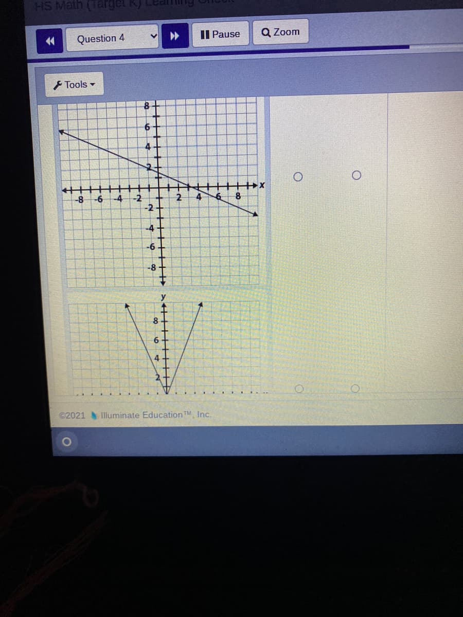 HS Math (Target K)
Question 4
Il Pause
Q Zoom
Tools -
4.
-8
-6
-4
-2
-2
4
-4-
-6-
-8+
y
6
©2021 Illuminate Education TM, Inc.
2-
