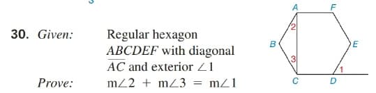 Regular hexagon
ABCDEF with diagonal
30. Given:
AC and exterior 21
Prove:
m22 + mZ3 = mZ1
