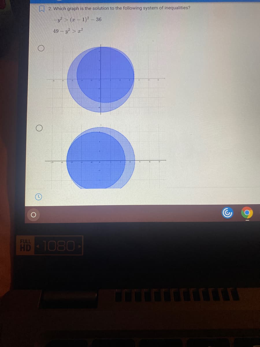 A 2. Which graph is the solution to the following system of inequalities?
-y > (x – 1)? – 36
49 y> a2
FULL
HD 1080
