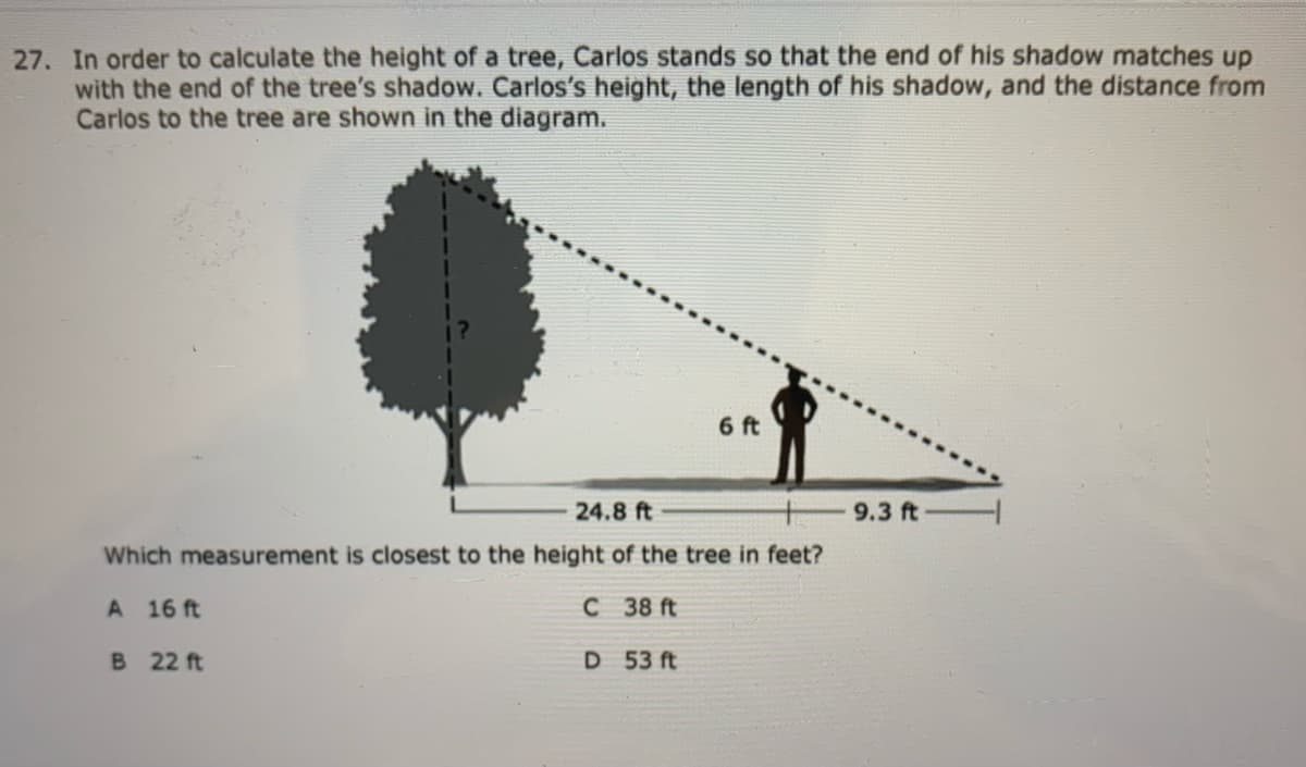 27. In order to calculate the height of a tree, Carlos stands so that the end of his shadow matches up
with the end of the tree's shadow. Carlos's height, the length of his shadow, and the distance from
Carlos to the tree are shown in the diagram.
6 ft
24.8 ft
9.3 ft
Which measurement is closest to the height of the tree in feet?
A 16 ft
C 38 ft
B 22 ft
D 53 ft
