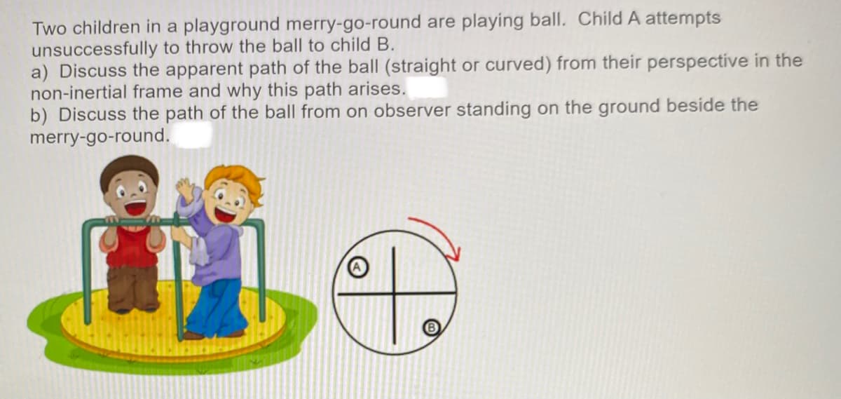 Two children in a playground merry-go-round are playing ball. Child A attempts
unsuccessfully to throw the ball to child B.
a) Discuss the apparent path of the ball (straight or curved) from their perspective in the
non-inertial frame and why this path arises.
b) Discuss the path of the ball from on observer standing on the ground beside the
merry-go-round.
