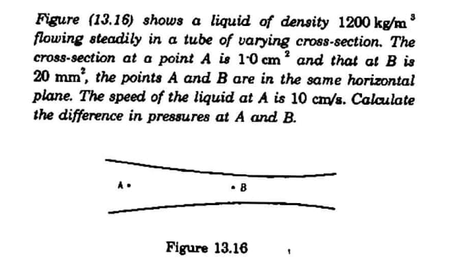 Figure (13.16) shows a liquid of density 1200 kg/m
flowing steadily in a tube of varying cross-section. The
cross-section at a point A is 1-0 cm and that at B is
20 mm', the points A and B are in the same horizontal
plane. The speed of the liquid at A is 10 cm/s. Calculate
the difference in pressures at A and B.
A.
B
Figure 13.16
