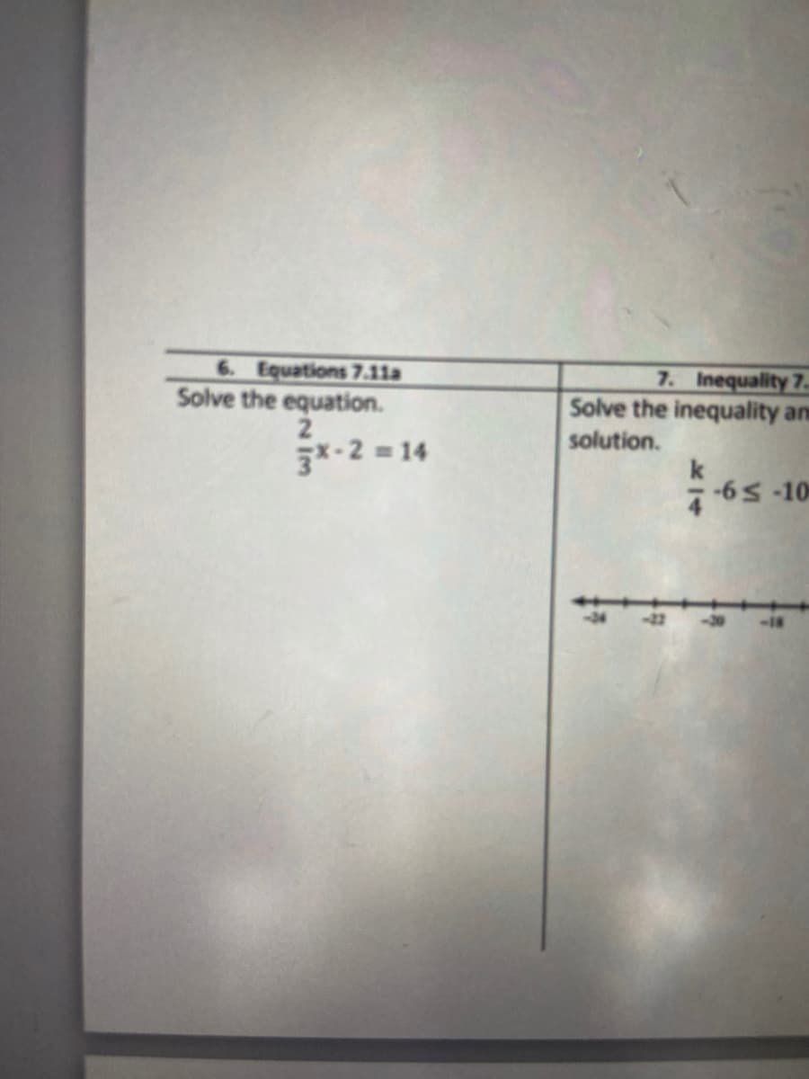 6. Equations 7.11a
Solve the equation.
2
-2 = 14
7. Inequality 7.
Solve the inequality an
solution.
k
65 -10
