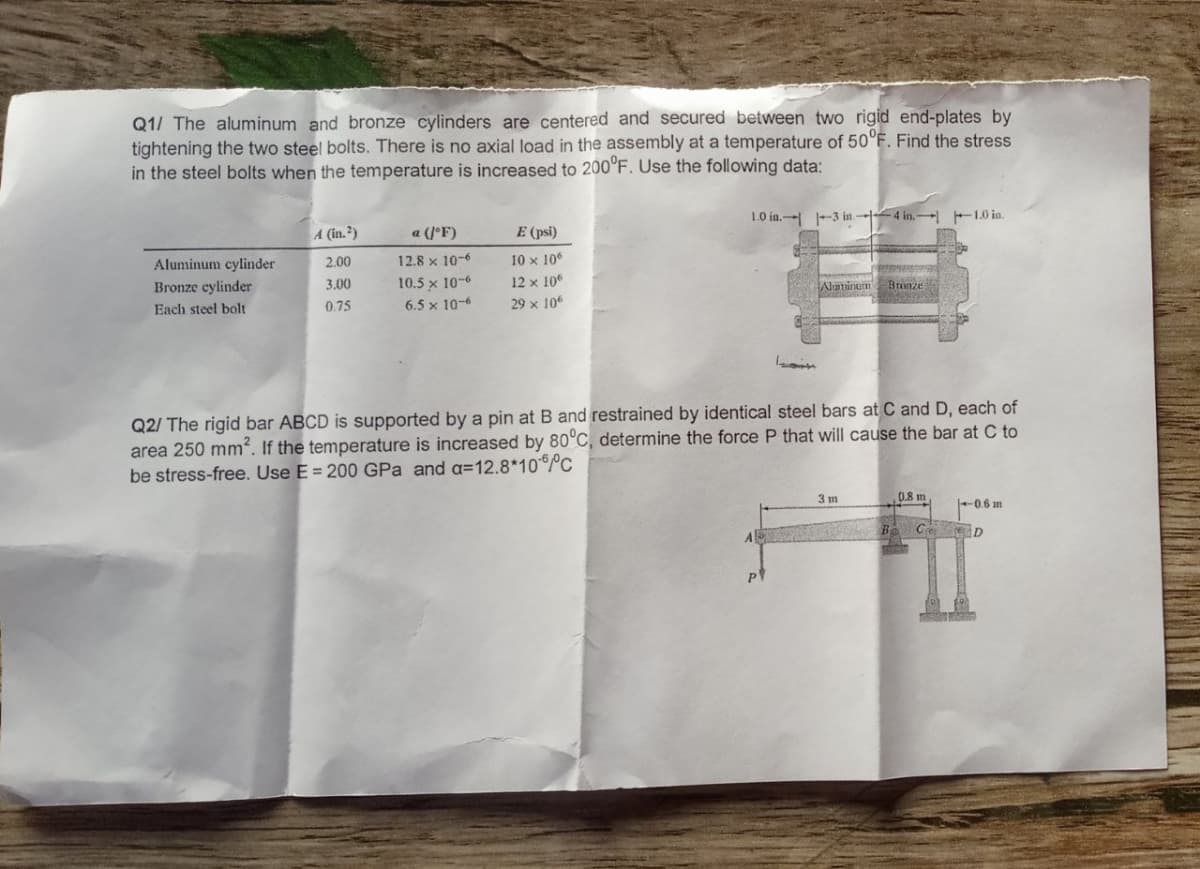 Q1/ The aluminum and bronze cylinders are centered and secured between two rigid end-plates by
tightening the two steel bolts. There is no axial load in the assembly at a temperature of 50°F. Find the stress
in the steel bolts when the temperature is increased to 200°F. Use the following data:
1.0 in. -3 in--4 in. F1.0 in.
A (in.?)
a (J°F)
E (psi)
Aluminum cylinder
2.00
12.8 x 10-6
10 x 106
Bronze cylinder
3.00
10.5 x 10-6
12 x 10
Aluminum Bronze
Each steel bolt
0.75
6.5 x 10-6
29 x 10
Q2/ The rigid bar ABCD is supported by a pin at B and restrained by identical steel bars at C and D, each of
area 250 mm?. If the temperature is increased by 80°C, determine the force P that will cause the bar at C to
be stress-free. Use E = 200 GPa and a=12.8*10PC
3 m
0.8 m
0.6 m
Ce D
P
