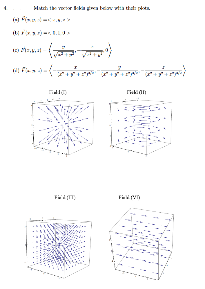 4.
Match the vector fields given below with their plots.
(a) F(x, y, z) =< 1, Y, z >
(b) F(x, y, 2) =< 0,1,0 >
(c) F(x, Y, z) =
x² + y²
(d) F(x, y, z) =
(x² + y² + z²)3/2’ (x² + y² + z²)3/2' (x² + y² + 2²)3/2
Field (I)
Field (II)
Field (III)
Field (VI)
