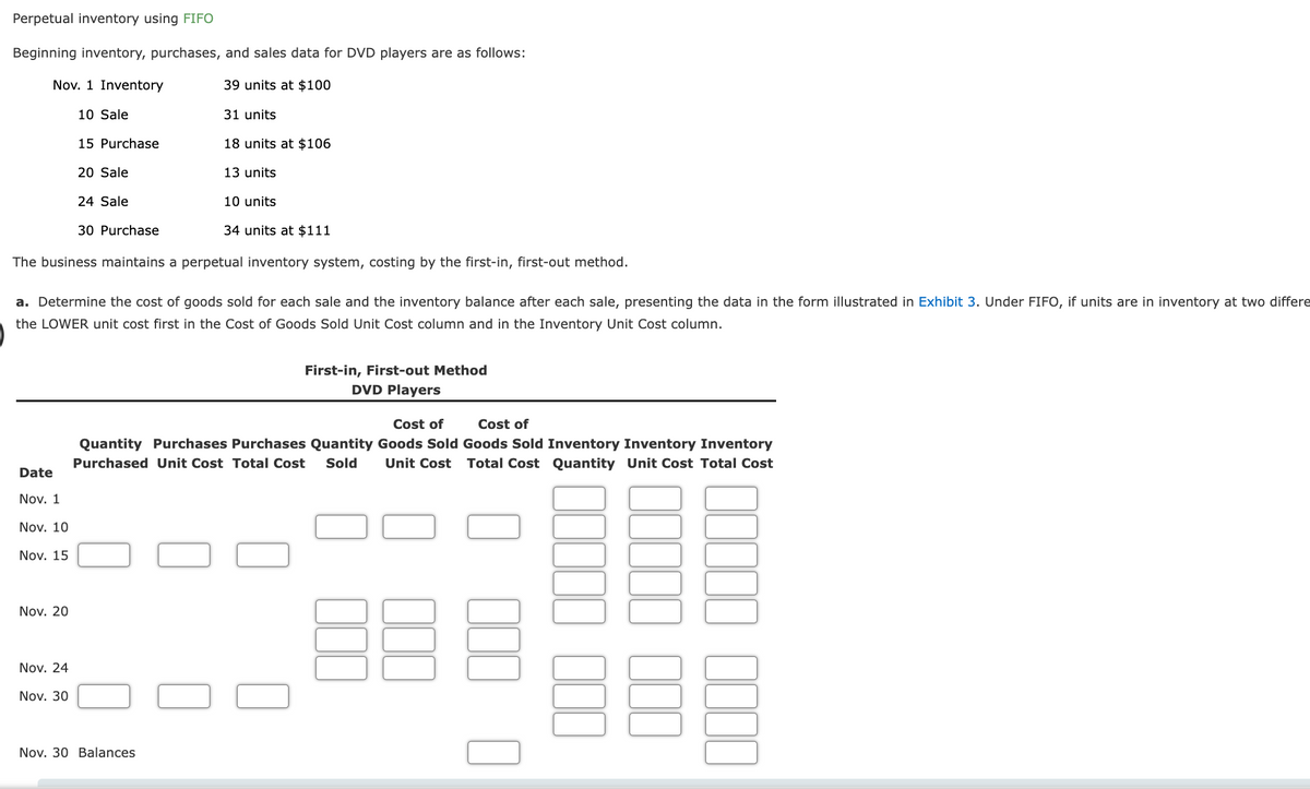 Perpetual inventory using FIFO
Beginning inventory, purchases, and sales data for DVD players are as follows:
39 units at $100
Nov. 1 Inventory
Date
Nov. 1
Nov. 10
Nov. 15
10 Sale
Nov. 20
15 Purchase
Nov. 24
Nov. 30
20 Sale
10 units
34 units at $111
The business maintains a perpetual inventory system, costing by the first-in, first-out method.
24 Sale
30 Purchase
a. Determine the cost of goods sold for each sale and the inventory balance after each sale, presenting the data in the form illustrated in Exhibit 3. Under FIFO, if units are in inventory at two differe
the LOWER unit cost first in the Cost of Goods Sold Unit Cost column and in the Inventory Unit Cost column.
31 units
18 units at $106
13 units
Nov. 30 Balances
First-in, First-out Method
DVD Players
Cost of
Cost of
Quantity Purchases Purchases Quantity Goods Sold Goods Sold Inventory Inventory Inventory
Purchased Unit Cost Total Cost Sold Unit Cost Total Cost Quantity Unit Cost Total Cost
36