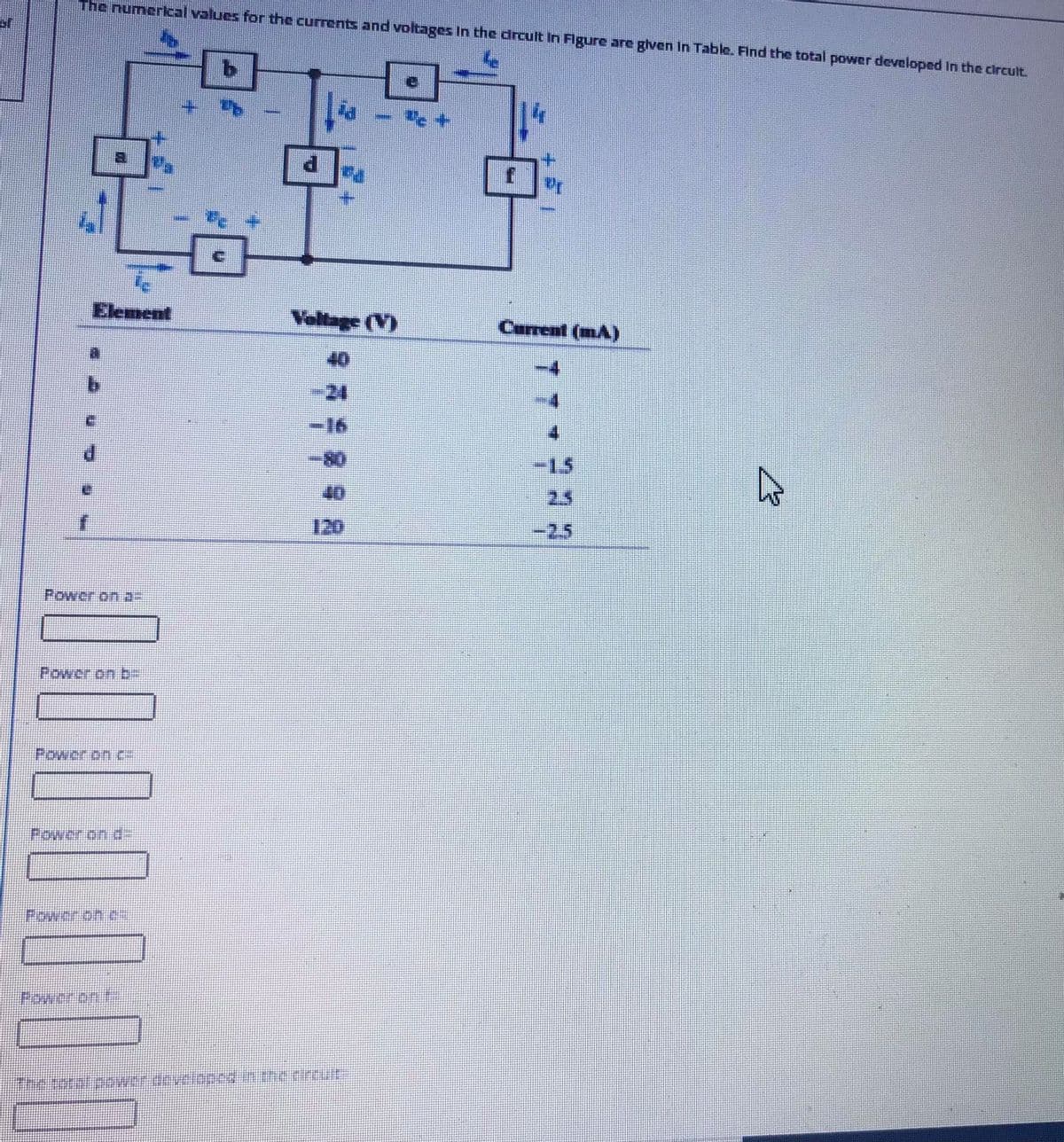 The numercal values for the currents and voltages In the drcult In Figure are glven In Table. Find the total power developed In the circult.
+Pa
Element
Veltage (V)
Carrent (mA)
40
b.
24
-16
4.
-80-
-15
40
2.5
120
-25
Power on a-
Power on b
Power on E
Power on d
Poweroh es
Foweront
