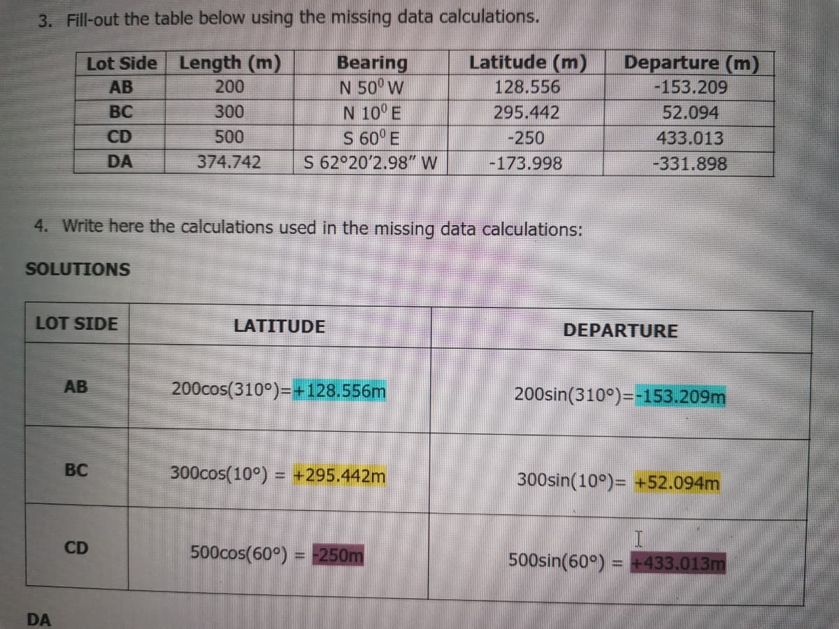 3. Fill-out the table below using the missing data calculations.
Lot Side Length (m)
Bearing
N 50° W
Latitude (m)
Departure (m)
AB
200
128.556
-153.209
BC
300
N 10° E
295.442
52.094
S 60° E
S 62°20'2.98" W
CD
500
-250
433.013
DA
374.742
-173.998
-331.898
4. Write here the calculations used in the missing data calculations:
SOLUTIONS
LOT SIDE
LATITUDE
DEPARTURE
AB
200cos(310°)=+128.556m
200sin(310°)=-153.209m
BC
300cos(10°)
= +295.442m
300sin(10°)= +52.094m
CD
500cos(60°) = 250m
500sin(60°) = +433.013m
DA
