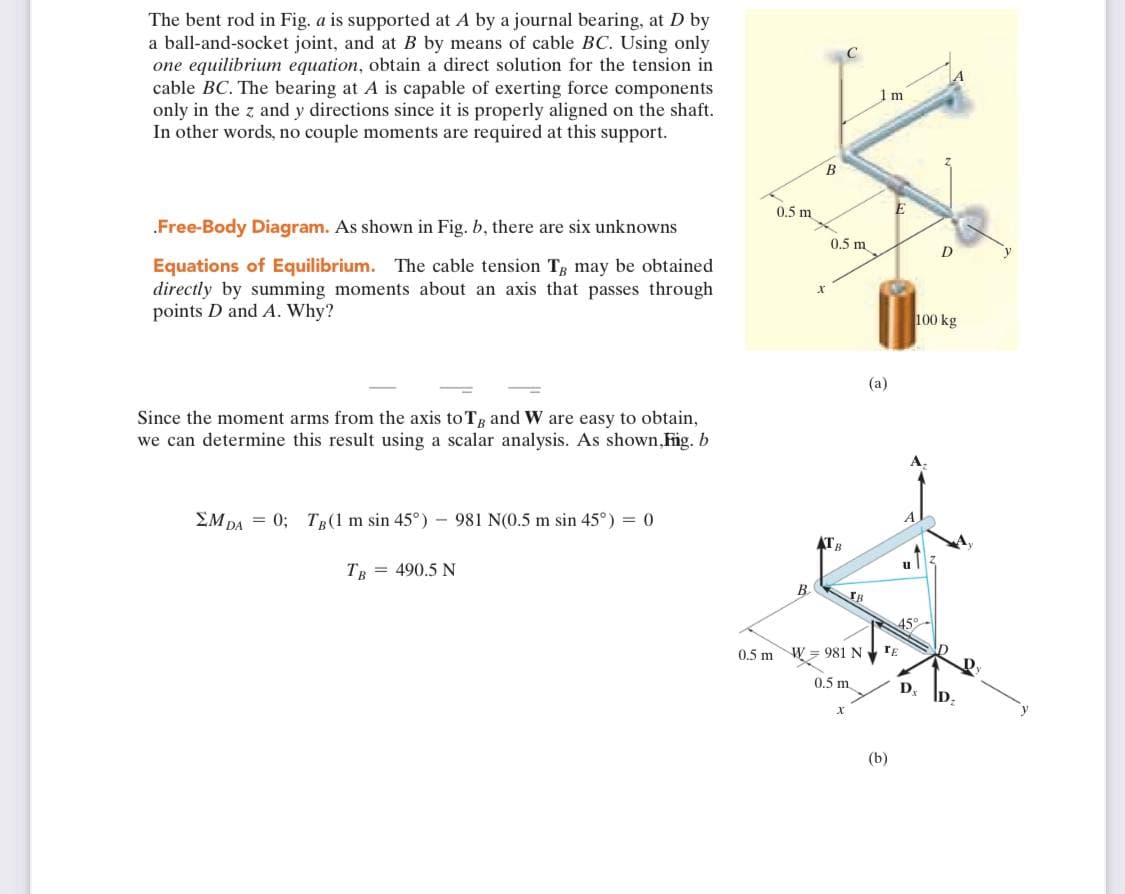 The bent rod in Fig. a is supported at A by a journal bearing, at D by
a ball-and-socket joint, and at B by means of cable BC. Using only
one equilibrium equation, obtain a direct solution for the tension in
cable BC. The bearing at A is capable of exerting force components
only in the z and y directions since it is properly aligned on the shaft.
In other words, no couple moments are required at this support.
1 m
B.
0.5 m
.Free-Body Diagram. As shown in Fig. b, there are six unknowns
0.5 m
D.
Equations of Equilibrium. The cable tension Tg may be obtained
directly by summing moments about an axis that passes through
points D and A. Why?
100 kg
(a)
Since the moment arms from the axis toT, and W are easy to obtain,
we can determine this result using a scalar analysis. As shown, Fig. b
EM DA = 0; TR(1 m sin 45°) - 981 N(0.5 m sin 45°) = 0
ATB
TR = 490.5 N
u
B
45°-
0.5 m
W = 981 N rɛ
0.5 m
Ip.
(b)
