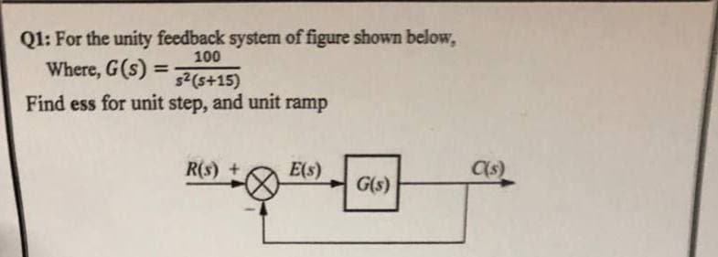 Q1: For the unity feedback system of figure shown below,
100
Where, G(s) =
s² (s+15)
Find ess for unit step, and unit ramp
R(s) +
E(s)
G(s)
C(s)