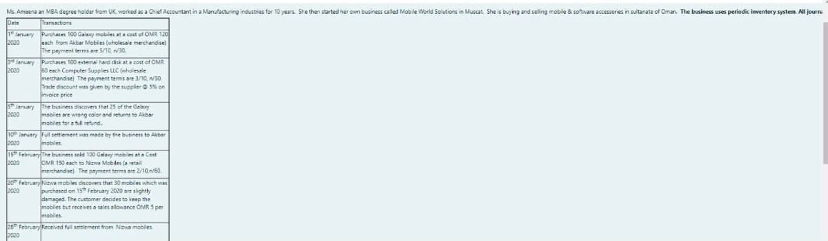 Ms. Ameena an MBA degree holder from UK, worked as a Chief Accountant in a Manufacturing industries for 10 years. She then started her own business called Mobile World Solutions in Muscat. She is buying and selling mobile & software accessories in sultanate of Oman. The business uses periodic inventory system. All journa
Transactions
January
2020
Purchases 100 Galaxy mobiles at a cost of OMR 120
leach from Akbar Mobiles (wholesale merchandise)
The payment terms are 5/10, n/30.
3d January Purchases 100 external hard disk at a cost of OMR
2020
60 each Computer Supplies LLC (wholesale
merchandise) The payment terms are 3/10, n/30.
Tracle discount was given by the supplier © 5% on
invoice price
The business discovers that 25 of the Galaxy
2020
mobiles are wrong color and returns to Akbar
mobiles for a full refund.
10th January Full settlement was made by the business to Akbar
2020
mobiles.
15 February The business sold 100 Galaxy mobiles at a Cost
2020
JOMR 150 each to Nizwa Mobiles (a retail
merchandise). The payment terms are 2/10,n/60.
20 February Nizwa mobiles discovers that 30 mobiles which was
purchased on 15th February 2020 are slightly
damaged. The customer decides to keep
mobiles but receives a sales allowance OMR 5 per
2020
mobiles
28 February Received full settlement from Nzwa mobiles
2020
