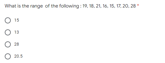 What is the range of the following: 19, 18, 21, 16, 15, 17, 20, 28 *
15
13
28
20.5