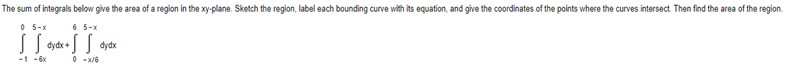 The sum of integrals below give the area of a region in the xy-plane. Sketch the region, label each bounding curve with its equation, and give the coordinates of the points where the curves intersect. Then find the area of the region.
05-x
6 5-x
S S dydx + S S dyd
-1 -6x
0-x/6