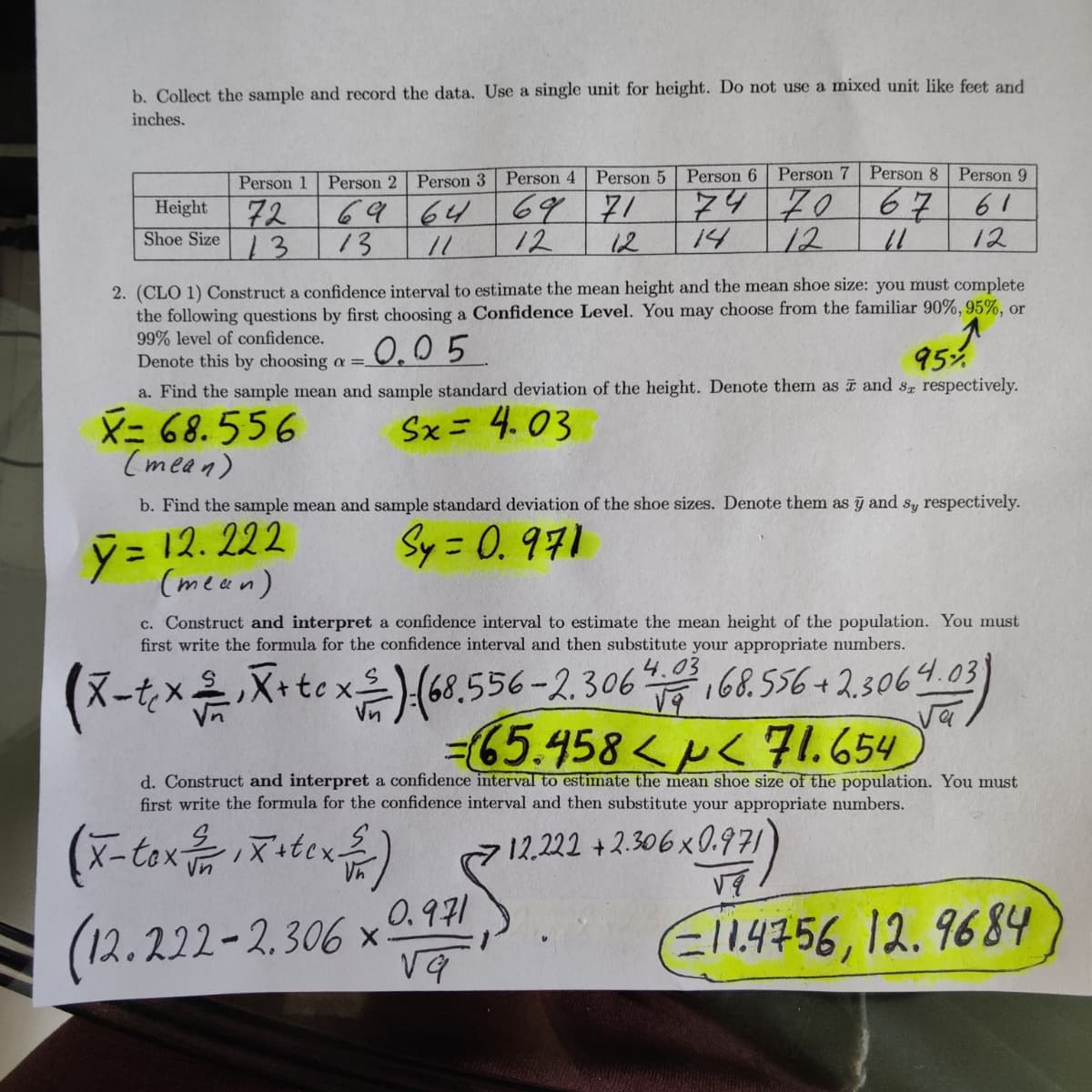 b. Collect the sample and record the data. Use a single unit for height. Do not use a mixed unit like feet and
inches.
Person 1 Person 2 Person 3 Person 4
Person 5
Person 6
Person 7
Person 8
Person 9
747067 61
72
13
69 64 69 71
13
Height
12
14
12
12
Shoe Size
12
2. (CLO 1) Construct a confidence interval to estimate the mean height and the mean shoe size: you must complete
the following questions by first choosing a Confidence Level. You may choose from the familiar 90%, 95%, or
99% level of confidence.
0.05
95%
Denote this by choosing a ==-
a. Find the sample mean and sample standard deviation of the height. Denote them as i and s respectively.
X= 68.556
(mea a)
Sx= 4.03
b. Find the sample mean and sample standard deviation of the shoe sizes. Denote them as y and sy respectively.
ỹ= 12. 222
(mean)
Sy 0. 971
%3D
%3D
c. Construct and interpret a confidence interval to estimate the mean height of the population. You must
first write the formula for the confidence interval and then substitute your appropriate numbers.
(X-txX+tex)(68.556-2.306
168.556+2.3064.03)
Vn
-65.458 <p< F1.654
d. Construct and interpret a confidence interval to estimate the mean shoe size of the population. You must
first write the formula for the confidence interval and then substitute your appropriate numbers.
X+tex
12,222 + 2.306x0.971)
0.971
S
(12.222-2, 306 x
E14756,12.9684
