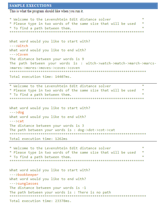 SAMPLE EXECUTIONS
This is what the program should like when you run it.
* Welcome to the Levenshtein Edit distance solver
* Please type in two words of the same size that will be used
* To find a path between them.
****:
********
What word would you like to start with?
--->Witch
What word would you like to end with?
--->Coven
The distance between your words is 9
The path between your words is: witch->watch->match->march->marcs-
>mares->mores->moves->coves->coven
*****************************
Total execution time: 14407ms.
* Welcome to the Levenshtein Edit distance solver
* Please type in two words of the same size that will be used
* To find a path between them.
******
What word would you like to start with?
--->dog
What word would you like to end with?
--->cat
The distance between your words is 3
The path between your words is: dog->dot->cot->cat
******
*******
Total execution time: 1262ms
* To find a path between them.
****:
********
**********
* Welcome to the Levenshtein Edit distance solver
* Please type in two words of the same size that will be used
*
******
What word would you like to start with?
--->bookkeeper
What word would you like to end with?
--->sunglasses
The distance between your words is -1
The path between your words is: There is no path
******泡泡!
Total execution time: 23378ms.
***
***
*
*
*
***