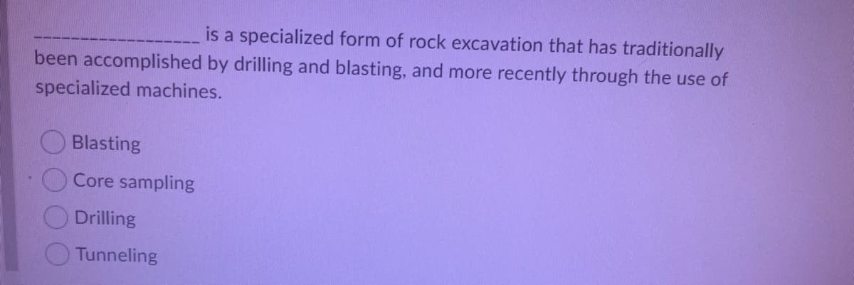 is a specialized form of rock excavation that has traditionally
been accomplished by drilling and blasting, and more recently through the use of
specialized machines.
Blasting
Core sampling
Drilling
Tunneling
