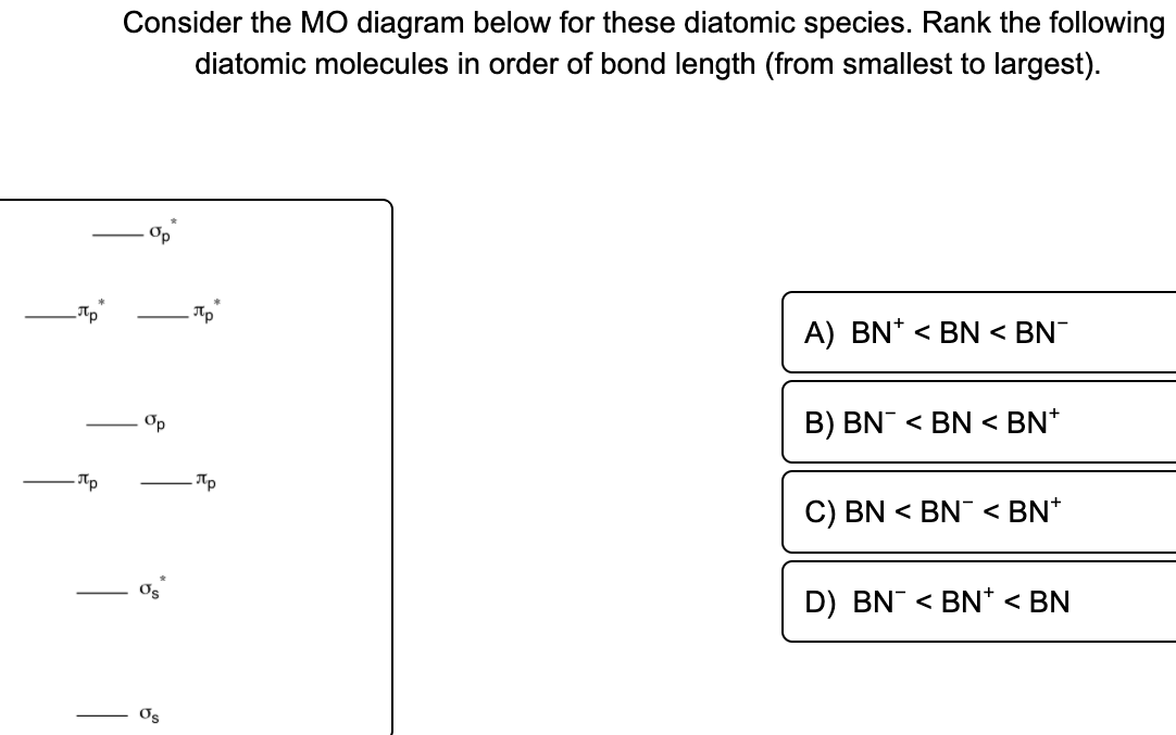 Consider the MO diagram below for these diatomic species. Rank the following
diatomic molecules in order of bond length (from smallest to largest).
Op
A) BN* < BN < BN
Op
B) BN¯ < BN < BN*
Tp
C) BN < BN < BN*
Os
D) BN¯ < BN* < BN
Os
