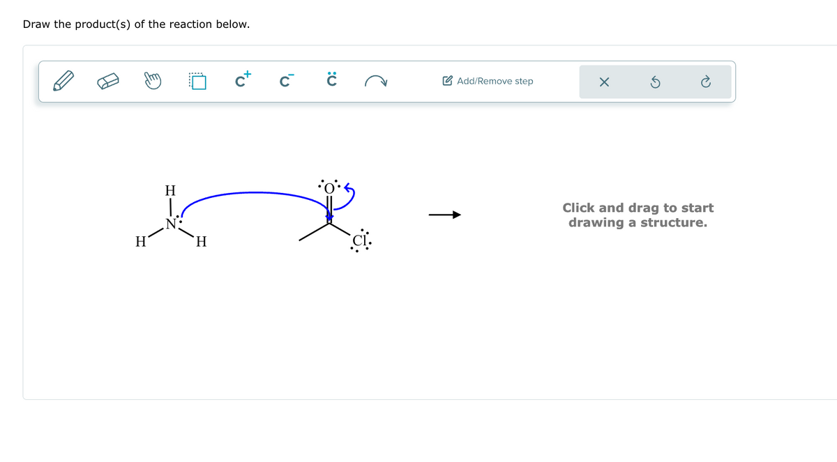 Draw the product(s) of the reaction below.
H
H
C+
с с
.0.5
CI.
Add/Remove step
X
Click and drag to start
drawing a structure.