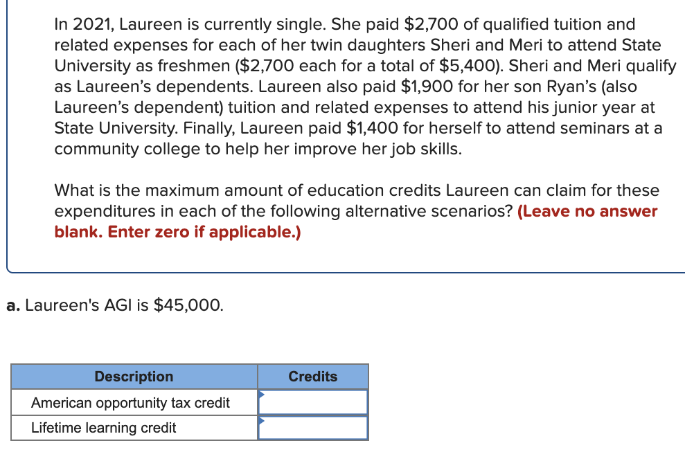 In 2021, Laureen is currently single. She paid $2,700 of qualified tuition and
related expenses for each of her twin daughters Sheri and Meri to attend State
University as freshmen ($2,700 each for a total of $5,400). Sheri and Meri qualify
as Laureen's dependents. Laureen also paid $1,900 for her son Ryan's (also
Laureen's dependent) tuition and related expenses to attend his junior year at
State University. Finally, Laureen paid $1,400 for herself to attend seminars at a
community college to help her improve her job skills.
What is the maximum amount of education credits Laureen can claim for these
expenditures in each of the following alternative scenarios? (Leave no answer
blank. Enter zero if applicable.)
a. Laureen's AGI is $45,000.
Description
American opportunity tax credit
Lifetime learning credit
Credits