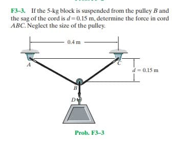 F3-3. If the 5-kg block is suspended from the pulley B and
the sag of the cord is d=0.15 m, determine the force in cord
ABC. Neglect the size of the pulley.
0.4 m
d = 0.15 m
B
Prob. F3-3
