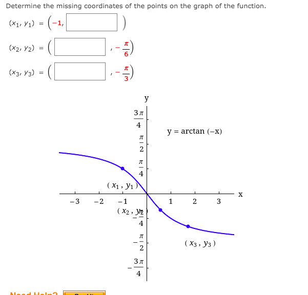 Determine the missing coordinates of the points on the graph of the function.
(X1, Y1)
-1,
(x2, Y2)
(X3, Y3)
y
4
y = arctan (-x)
4
( X1 , y1 )
-3
-2
-1
1
2 3
( X2 , VE
4
( X3 , y3 )
3 7
4
KIN
