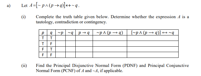 a)
Let A=[~ p^(p→q]+~q.
(i)
Complete the truth table given below. Determine whether the expression A is a
tautology, contradiction or contingency.
pq~p~q p→q
~p^ (p → q)
[~p^ (p → q)] → ~q
F
FT
FF
(ii)
Find the Principal Disjunctive Normal Form (PDNF) and Principal Conjunctive
Normal Form (PCNF) of A and ~A, if applicable.
