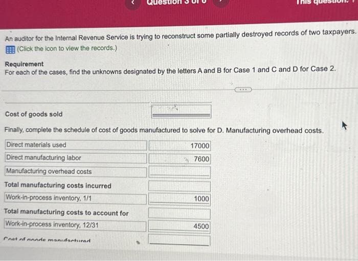 An auditor for the Internal Revenue Service is trying to reconstruct some partially destroyed records of two taxpayers.
(Click the icon to view the records.)
Requirement
For each of the cases, find the unknowns designated by the letters A and B for Case 1 and C and D for Case 2.
Cost of goods sold
Finally, complete the schedule of cost of goods manufactured to solve for D. Manufacturing overhead costs.
Direct materials used
Direct manufacturing labor
Manufacturing overhead costs
Total manufacturing costs incurred
Work-in-process inventory, 1/1
Total manufacturing costs to account for
Work-in-process inventory, 12/31
Cnet of nonde manufacturad
17000
7600
1000
4500