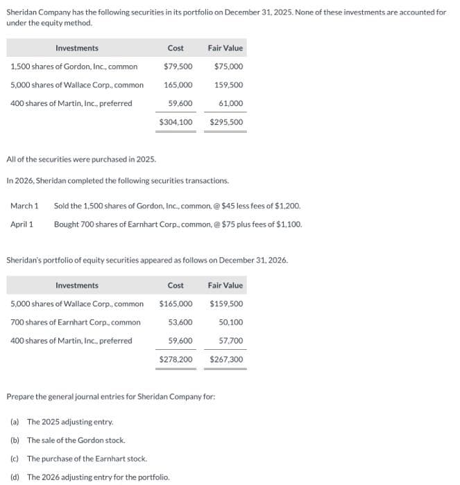 Sheridan Company has the following securities in its portfolio on December 31, 2025. None of these investments are accounted for
under the equity method.
Investments
1,500 shares of Gordon, Inc., common
5,000 shares of Wallace Corp., common
400 shares of Martin, Inc., preferred
Cost
$79,500
Fair Value
$75,000
159,500
59,600
61,000
$304,100 $295,500
165,000
All of the securities were purchased in 2025.
In 2026, Sheridan completed the following securities transactions.
Investments
5,000 shares of Wallace Corp., common
700 shares of Earnhart Corp., common
400 shares of Martin, Inc., preferred
March 1 Sold the 1,500 shares of Gordon, Inc., common. @ $45 less fees of $1,200.
April 1 Bought 700 shares of Earnhart Corp., common, @ $75 plus fees of $1,100.
Sheridan's portfolio of equity securities appeared as follows on December 31, 2026.
Cost
$165,000
53,600
59,600
$278,200
Fair Value
$159,500
50,100
57,700
$267,300
Prepare the general journal entries for Sheridan Company for:
(a) The 2025 adjusting entry.
(b) The sale of the Gordon stock.
(c) The purchase of the Earnhart stock.
(d) The 2026 adjusting entry for the portfolio.